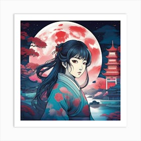 Asian Girl In Moonlight Art Print