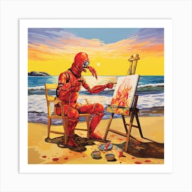 Red Robot On The Beach Art Print