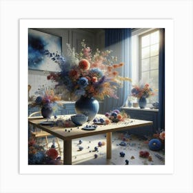 Flowers In A Blue Kitchen Art Print