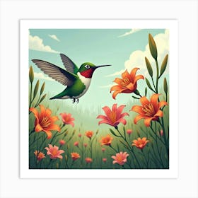 Hummingbird In A Field Of Lilies 1 Art Print