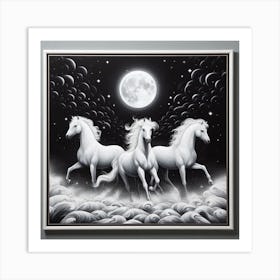 Three White Horses In The Moonlight Art Print