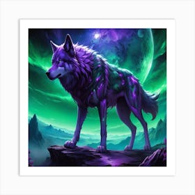 A stunning anime picture of a wolf in green and purple Art Print