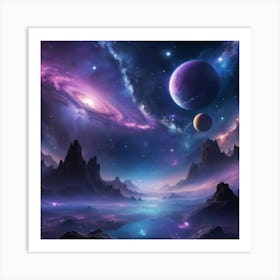 A breathtaking night sky filled with shimmering stars, glowing planets, and swirling nebulae. The scene is both mystical and serene, with deep blues and purples creating a sense of infinite wonder 1 Art Print