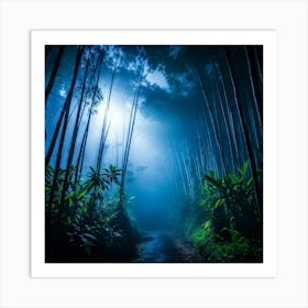 Bamboo Forest Dense And Atmospheric Under A Starry Midnight Sky Center Of Frame Fog Weaving Throug Art Print