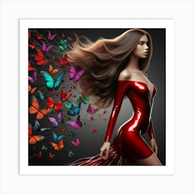 Beautiful Woman In Red Dress With Butterflies 3 Art Print