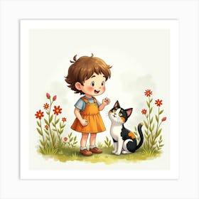 Watercolor Scene Of A Child With A Calico Cat In A Blooming Garden Art Print