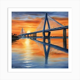 Sunset over the Arthur Ravenel Jr. Bridge in Charleston. Blue water and sunset reflections on the water. Oil colors.3 Art Print
