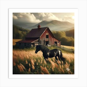 Beautiful Black Stallion And Barn Copy Art Print
