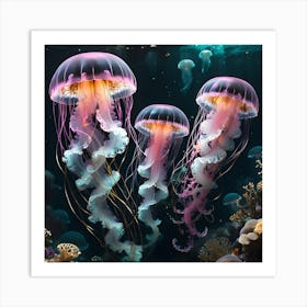 Spectral Elegance: The Black and Pink Portrait of a Ghostly Jellyfish 1 Art Print