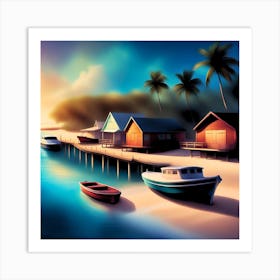 Sunset At The Beach- Tropical beach setting with traditional boats anchored ashore. Vivid blue skies complement the serene sea view with a lush palm tree in the foreground Art Print