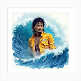 Michael Jackson With A Watercolor Ocean Waves Backdrop 1 Art Print