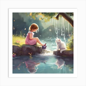 Little Girl And Cat Art Print