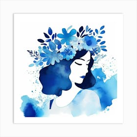 watercolour woman portrait with blue  floral head crown  Art Print