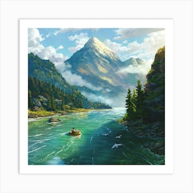 Digital Art Landscape River Mountains Art Print