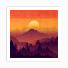 Watercolor Sunset In The Mountains Art Print