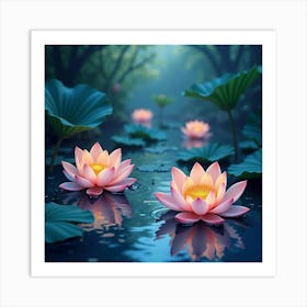 Mystical Pond With Glowing Lotus Flowers, Watercolor 1 Art Print