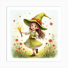 Magical Girl Casting Spells In A Flowery Meadow, Watercolor Style 1 Art Print