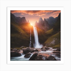 Waterfall At Sunset Art Print