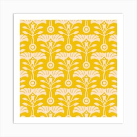 ART NOUVEAU Retro Mod Vintage Floral Botanical in Ecru Cream on Bright Yellow Art Print