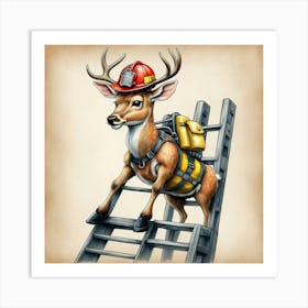 Deer On Ladder 1 Art Print