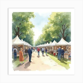 Watercolor Painting Of An English Arts And Crafts Fair With Exhibitors And Visitors 1 Art Print