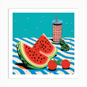 Watermelon Wavy Blue Lines Art Print