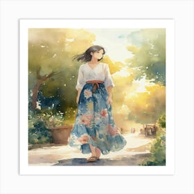 Anime Girl Walking In The Park Art Print