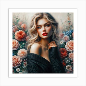 Beautiful Girl With Roses Art Print