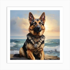 German Shepherd Dog Art on The Beach Art Print