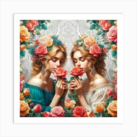 Two Girls With Roses Art Print