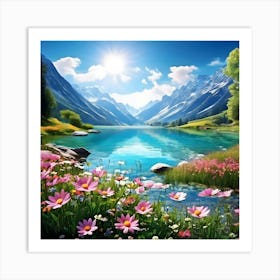 Mountain Lake With Flowers Art Print