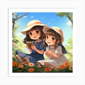 Two Girls Reading Anime Art Print