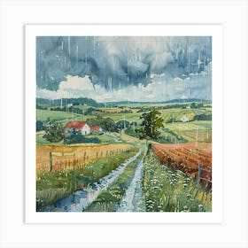 Rainy Countryside Watercolor Painting | Country Rain Landscape Illustration | Peaceful Living Nostalgia Idyllic | Feel the Rain Art Print