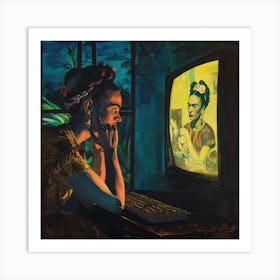 Digital Frida Series. Frida Kahlo at Her Computer at Night 1 Art Print