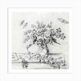 Still Life With Flower Arrangement, Fruits And Insects, Jean Bernard Art Print