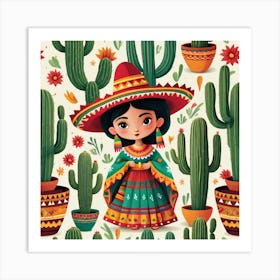 Mexican Girl With Cactus Art Print