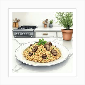 Watercolor Sketch Of A Rich And Creamy Mushroom Risotto On A Modern Kitchen Countertop Art Print