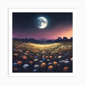 A Natural Flower Field With The Big Moonlight Fall Xl Art Print