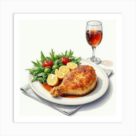 Roasted Chicken With Salad And Wine Art Print