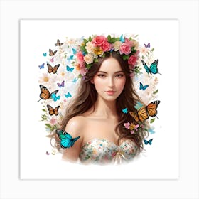 Asian Girl With Butterflies | floral boho girl | Watercolor Floral Boho Girl wall art Art Print