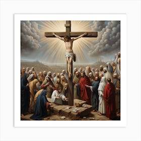 A Detailed Oil Painting Of The Crucifixion Of Jesus Ethereal Light Pouring From The Somber Sky Rou 466855030 Art Print