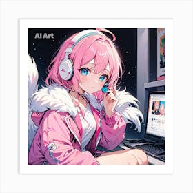 A teenage girl having blue eyes and pink hair, wearing a fur jacket, working on her computer. Art Print