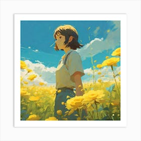 Girl In A Field Of Yellow Flowers 1 Art Print