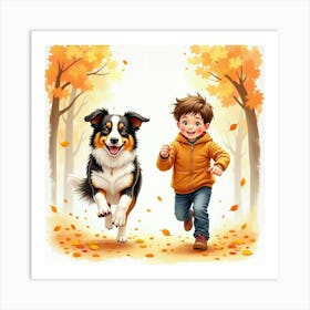 Watercolor Of A Border Collie And A Boy Running Through Autumn Leaves Art Print