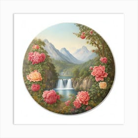 Waterfall With Roses Art Print