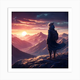 Interdimensional Traveler On Sunrise Over The Mountains Art Print