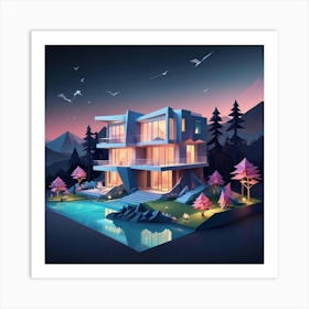 Papercut Illustration Sleek Modern Villa Design Art Print