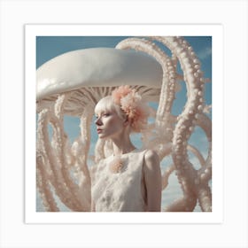 White Floral Mushroom Octopus Beauty Art Print