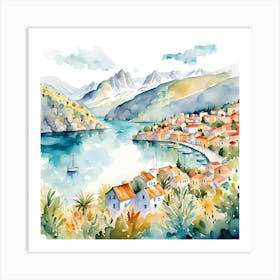 Watercolor Of A Scandinavian Village And Mediterranean Landscapes Art Print