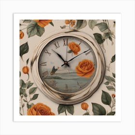 Clock With Roses Art Print